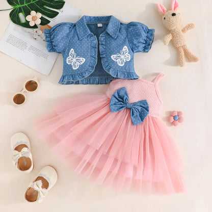 1-4Y Fashion Children Kids Girl 2Pcs Spring Outfit Butterfly Print Short Sleeve Tops+Suspender dress Set Outfit Kid Girl Clothes