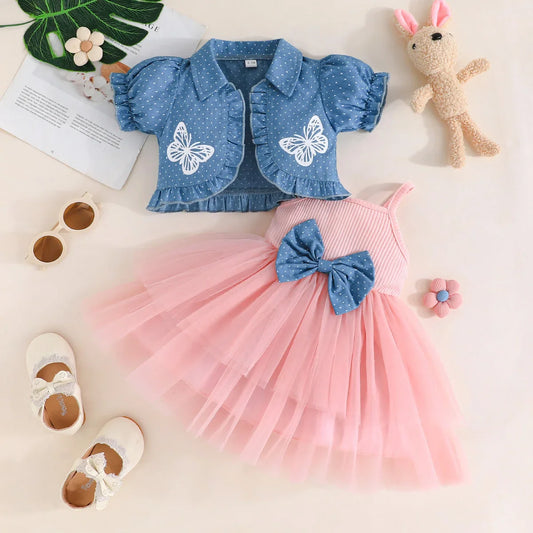1-4Y Fashion Children Kids Girl 2Pcs Spring Outfit Butterfly Print Short Sleeve Tops+Suspender dress Set Outfit Kid Girl Clothes