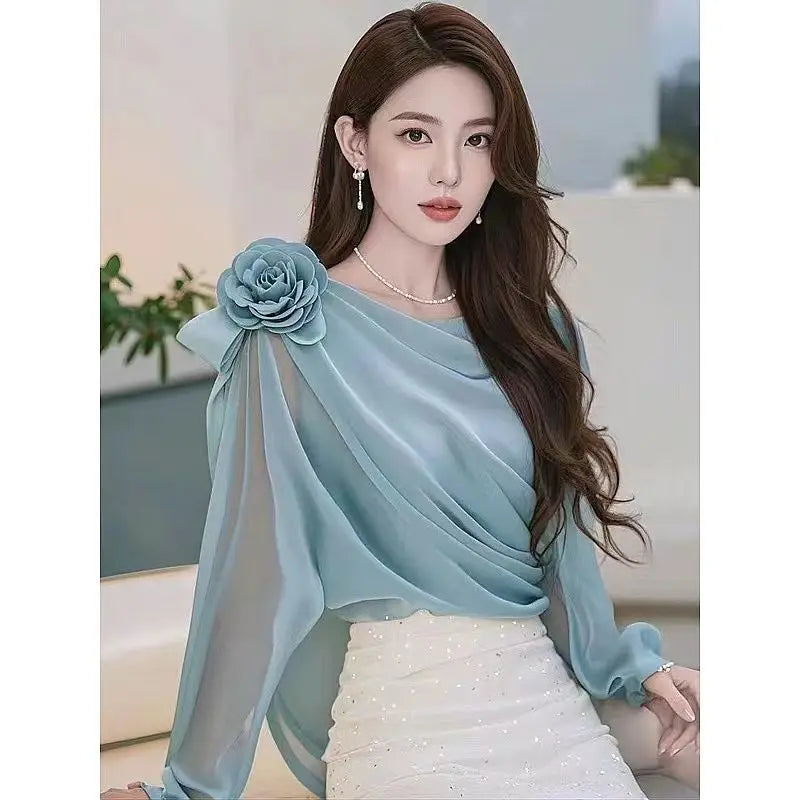 Spring Autumn New Solid Color Solid Color Long Sleeve Blouse Women High Street Casual Floral Patchwork Pullovers Elegant Tops