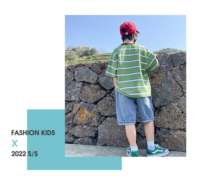 Tween Boy Summer Clothing Set Child Casual Cotton Stripe T-shirt & Denim Shorts 2 Piece Suit Teenage Kids Luxury Clothes Costume