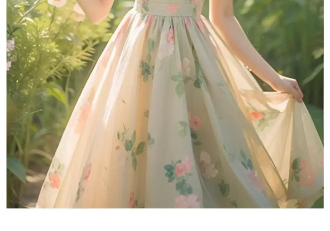 Beautiful Temperament Super Good-looking High-end Exquisite Waist-hugging Floral Puff Sleeve Dress for Women