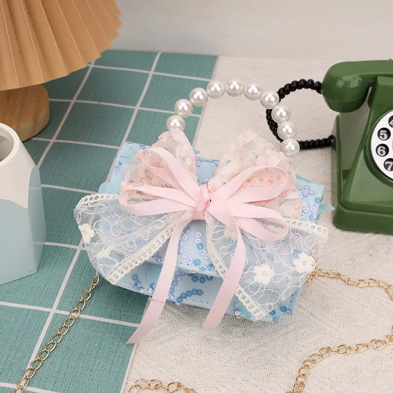Cute Sequin Bow Kids Mini Square Shoulder Bags Versatile Children Chain Crossbody Bag Lace Girls Pearl Handbags Clutch Purse (Available)