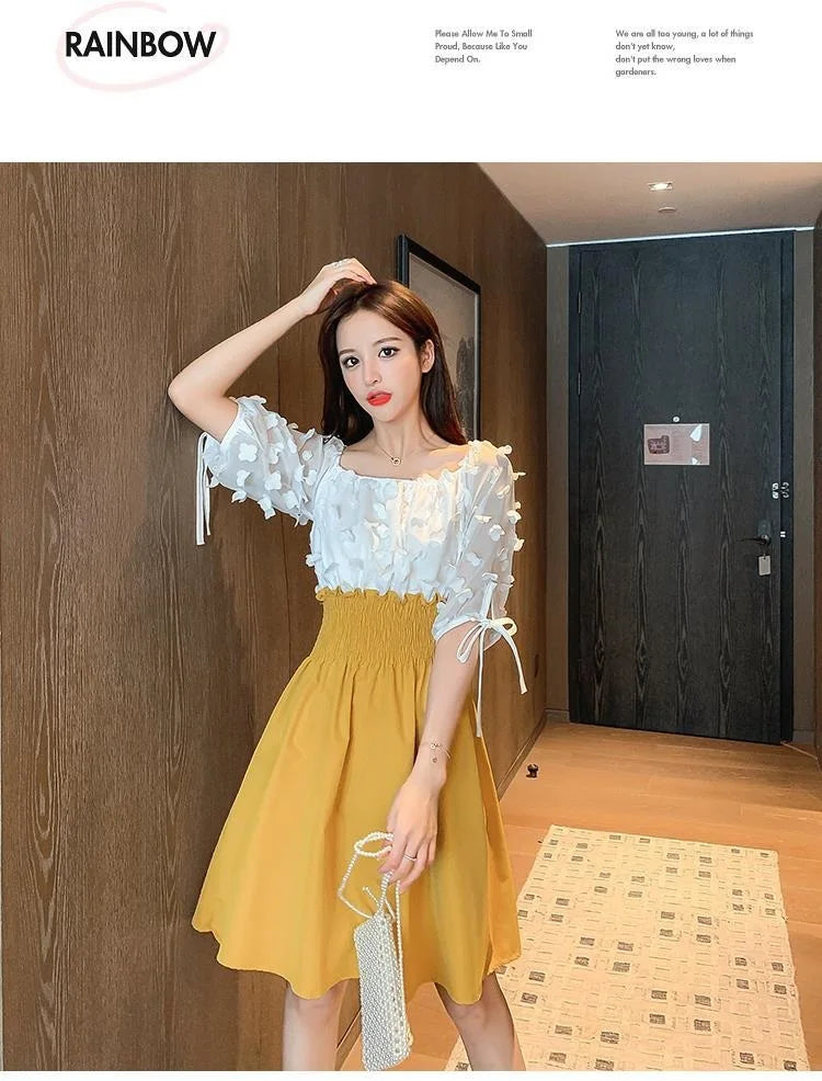 Women Summer French Style Elastic Waist Dress Korean Edition New Splicing Design Slim Half Sleeve Fairy Knee-length Dresses