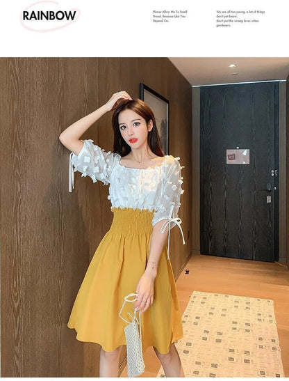 Women Summer French Style Elastic Waist Dress Korean Edition New Splicing Design Slim Half Sleeve Fairy Knee-length Dresses