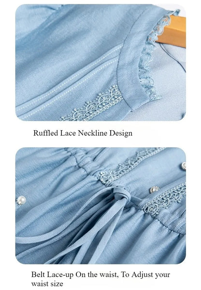 Elegant French Style V-Neck High End Blue Long Sleeve Blouse 2025 Fall New Belt Lace-up Fashion Slim Cinched Waist Tops Shirts