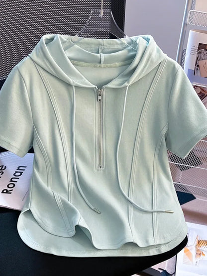 Summer New Women's Zipper Hoodie ort Sve T-irt Pure Cotton Slim Fit ort Fibone Top Korean Sle Commute Faion