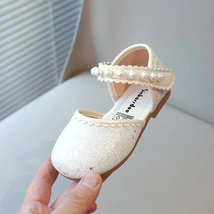Girl's Princess Shoes Pearl Round Toe Glitter Sweet Kid's Flat Shoe Solid Colors Anti-slip Cute Party Daily Children Shoe