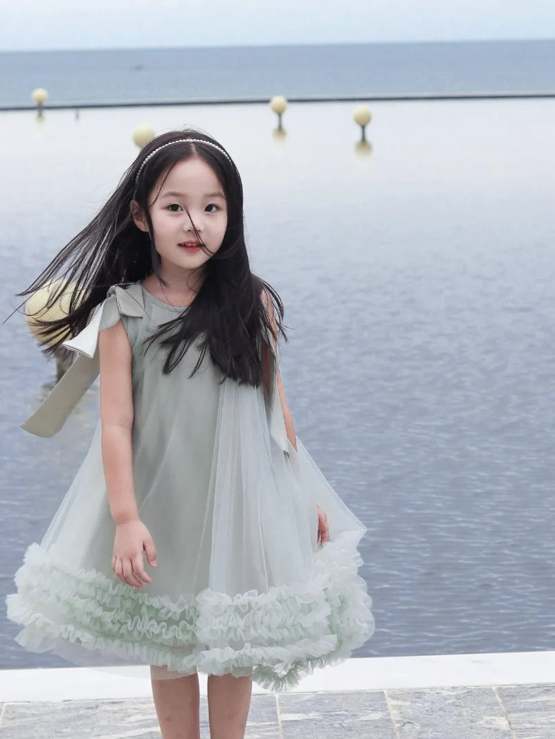 Korean Girls Party Dresses Edition Girls Sleeveless Bow Solid Color Sweet and Gentle Princess Dress Childrens New  Trend