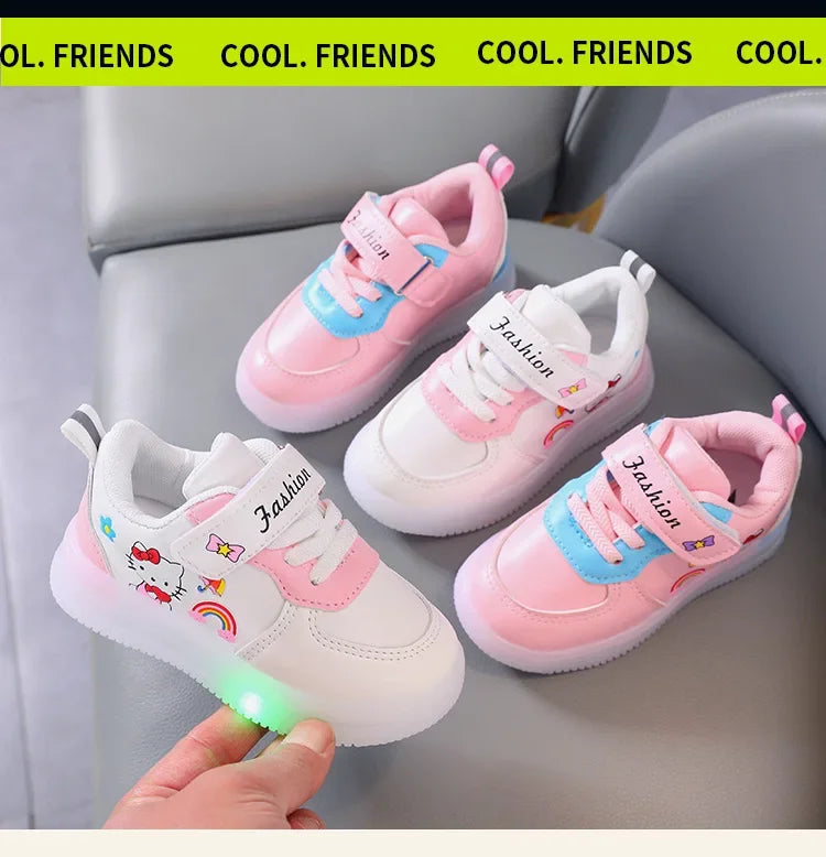 Spring Autumn Baby Girls Hello Kitty Led Light Shoes Children's Sneakers Toddler Anti-slip Walking Shoes Girls Outdoor Shoes
