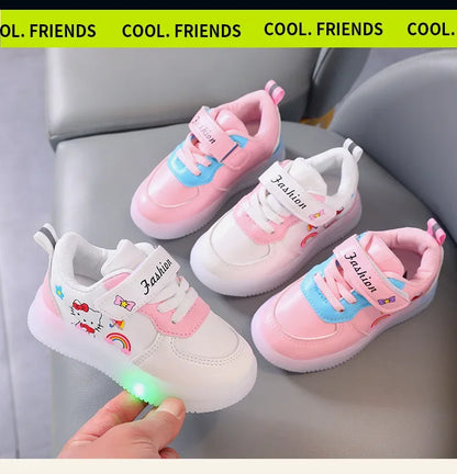 Spring Autumn Baby Girls Hello Kitty Led Light Shoes Children's Sneakers Toddler Anti-slip Walking Shoes Girls Outdoor Shoes