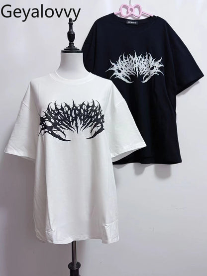Japanese Mine Dark Goth Punk Summer Short-sleeved T-shirt Sweet Girl Couple T Shirt Versatile Print Simple Mid-length Tops