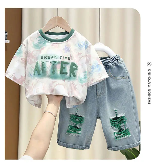 New Children's Printed Thin T-shirt+ hole Denim Shorts Teenager Boys Summer Fashion outfits
