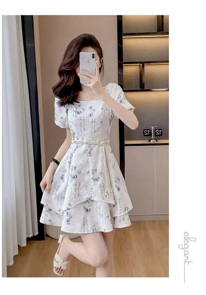 Summer New Chinese Sle Square Collar Bubble ort Sve Retro Waist Cinched A-Line  Dr Women's Faion Sweet Princ