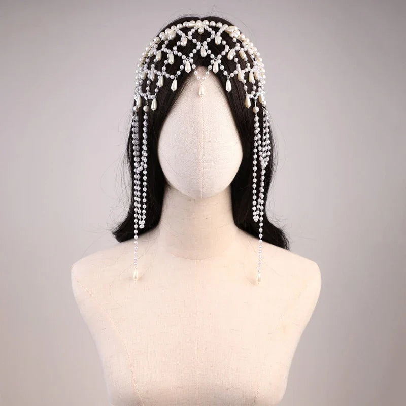 Handmade Imitation Pearls Bridal Hair Chain Elegant Wedding Headpiece Comfortable Headbands For Bride