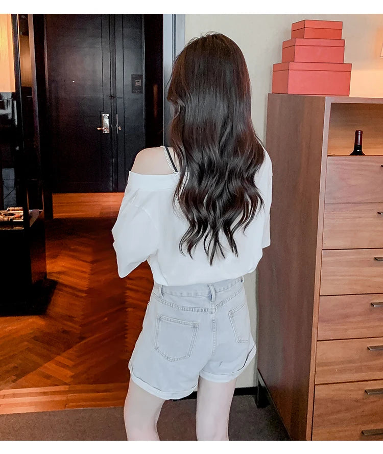 Unique Design oulder Bared ort Sve V-Ne Loose T-irt for Women  Knot Print Splice Asymmetrical Korean Sle