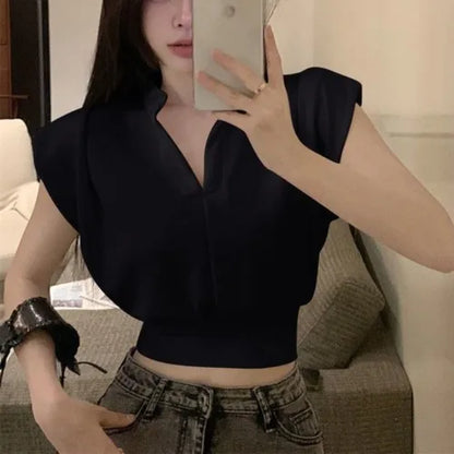 White V-Ne Slim Fit ort Sve T-irt Women's Summer New Sle Small Size Loose Faion Top Korean Sle Commute Wind