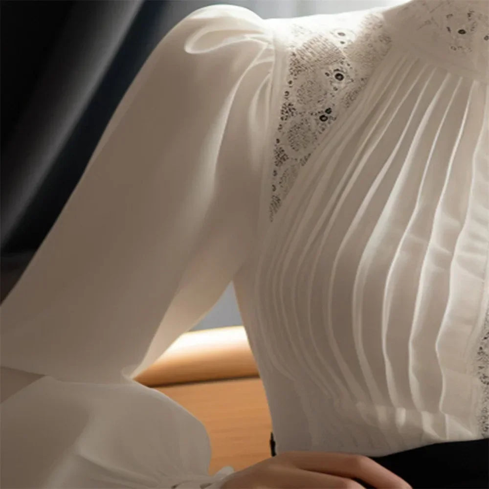 Spring Ladies Patchwork Lace Hollow Out Long Sleeve Shirt Tops New Korean Fashion Women's Solid Color Stand Collar Blouses