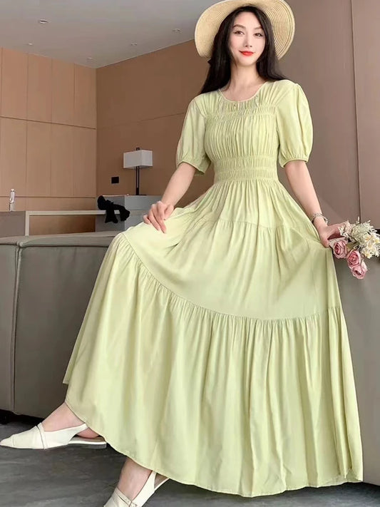 Summer New Cotton Silk Dr Casual High Waist Floral Print Beachwear Outerwear Slimming Waist Long Skirt A-Line Gown