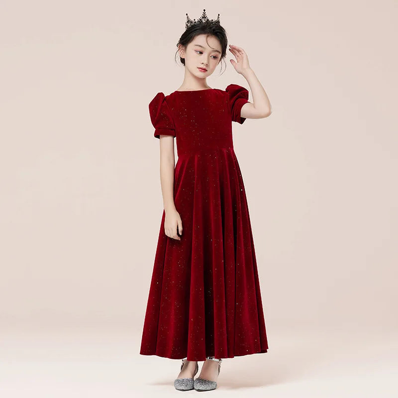 Kids Party Dress Clothing For Birthday Princess  Wine Red Piano Wedding Flower Girl 5-17 Years Old  Host Children's Formal Dress