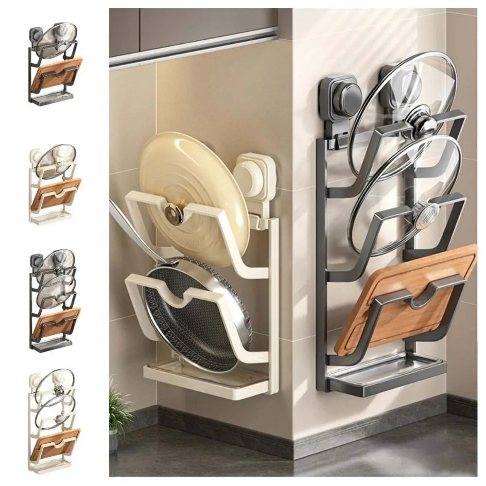 2Layers/3Layers Suction Cup Pot Lid Rack Cookware Storage Carbon Steel Pot Lids Holder Shelf Wall Mounted Space Saving