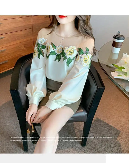 Fashion Women's Blouse Shirt Patchwork Long Sleeve Mesh Perspective Embroidered Flowers Chiffon Shirt Sexy Apricot Floral Shirt