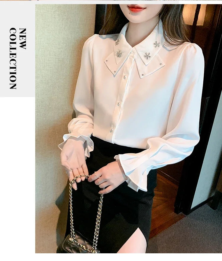 Elegant Long Sleeve Chiffon Shirts Women Autumn Winter Fashion White Blusa Feminina Korean Style Office Ladies Tops Blouses