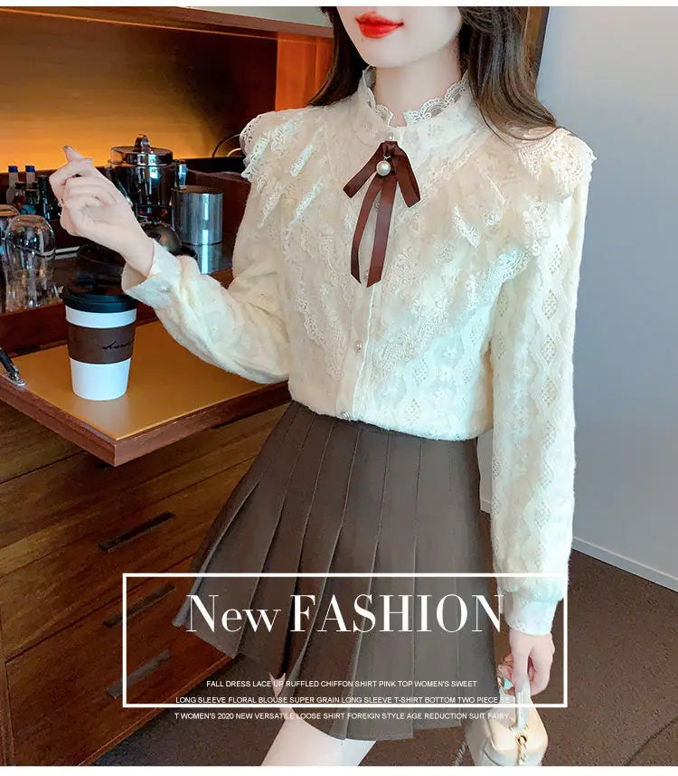 Women's Fce Lined Lace Blouse Thiened Autumn Winter Faion Inner Wear  Knot irt Stand Collar Regular Fit