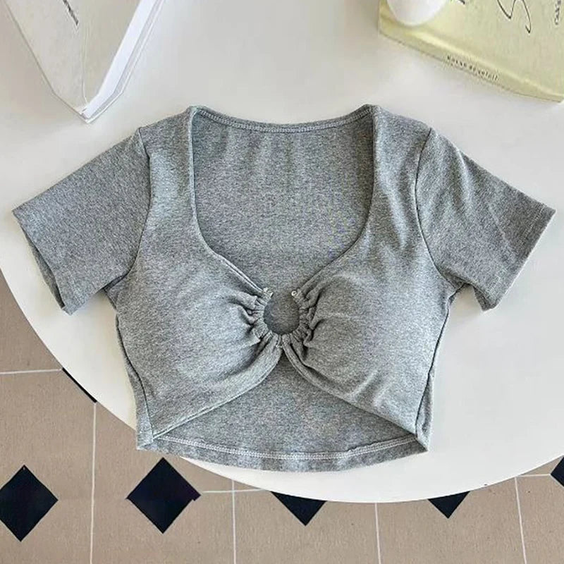 Xingqing y2k Crop Tops Women Summer Clothes Sexy Solid Color Metal Ring Short Sleeve Padded T Shirts 2000s Clothing Streetwear