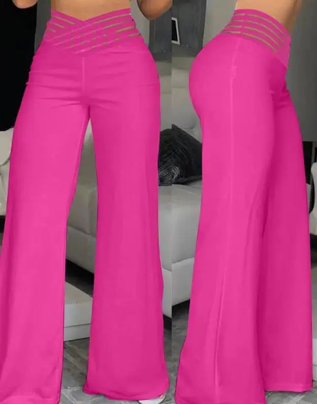 Women Wide Leg Flared Pants  Spring Casual Crisscross Sheer Mesh Patch High Waist Trousers Y2k Streetwear Elegant Work Pant (Available)