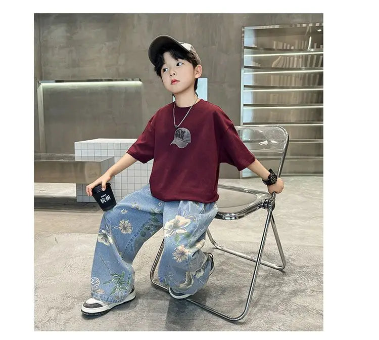 Boys' Summer Outfit Sets New Style Children's Short Sleeved T-shirt Long Pants Two-piece Suits Big Children's Stylish Sets
