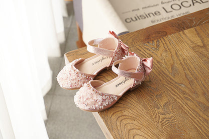New Kids Leather Shoes Girls Wedding Shoes Children Princess Sandals Sequins Bow Girls Casual Dance Shoes Flat Sandals