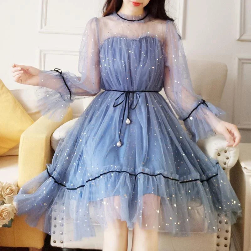 Mesh Dresses Women Patchwork Sequined Holiday O-Neck Spring Korean Style Elegant Vestido Feminino Sweet College Female Popular