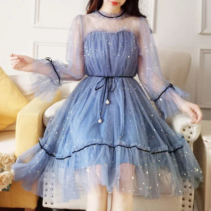 Mesh Dresses Women Patchwork Sequined Holiday O-Neck Spring Korean Style Elegant Vestido Feminino Sweet College Female Popular