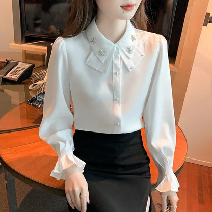 Elegant Long Sleeve Chiffon Shirts Women Autumn Winter Fashion White Blusa Feminina Korean Style Office Ladies Tops Blouses