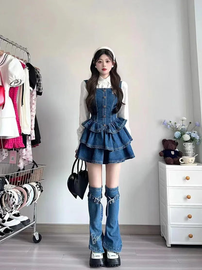 Retro shirt +dress set women slim waist denim halter dress
