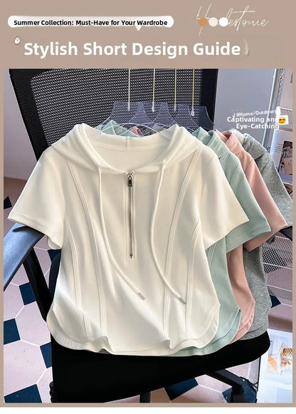 Summer New Women's Zipper Hoodie ort Sve T-irt Pure Cotton Slim Fit ort Fibone Top Korean Sle Commute Faion