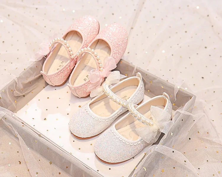 Fashion Girls Mary Janes for Party Wedding Shows Bow Pearls Elegant Princess Shoes Chic Kids Shoes Non-slip Children Fashion
