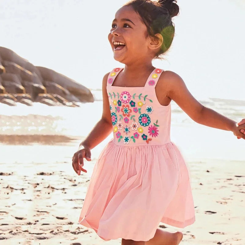 3Colors Girls Dress Summer Girl Beach Floral Dresses for Girls 2-7 Years Embroidery Floral Baby Girls Clothes