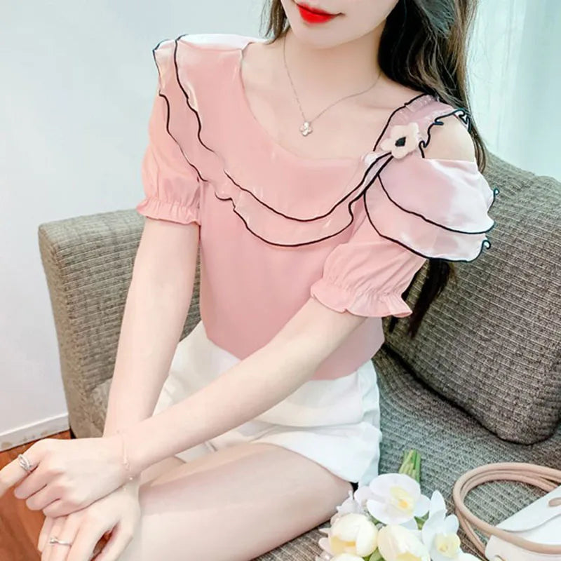 Sweet Slash Neck Off Shoulder Ruffles Blouses Female Clothing 2025 Summer New Loose Solid Color Korean Tops Puff Sleeve Shirts