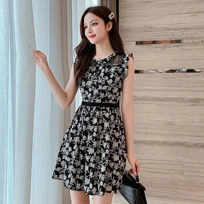 Neck Gauze Mesh Slim Sleeveless Floral Dress Women's New Style Spliced round