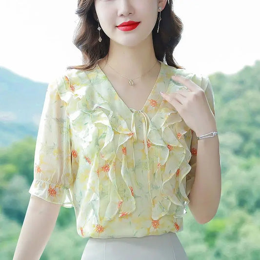 Fashion Printed Spliced Lace Up Bow Ruffles Floral Blouse Women's Clothing Summer New Casual Pullovers Loose Sweet Shirt