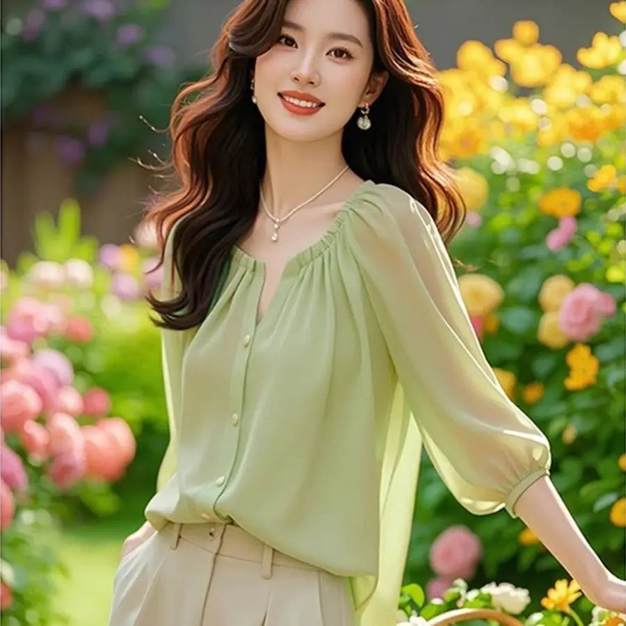 Chic Summer irt Women's Sle Korean Five-Quarter Sve Age-Defng Beautiful Faionable Good-Looking Chiffon Top