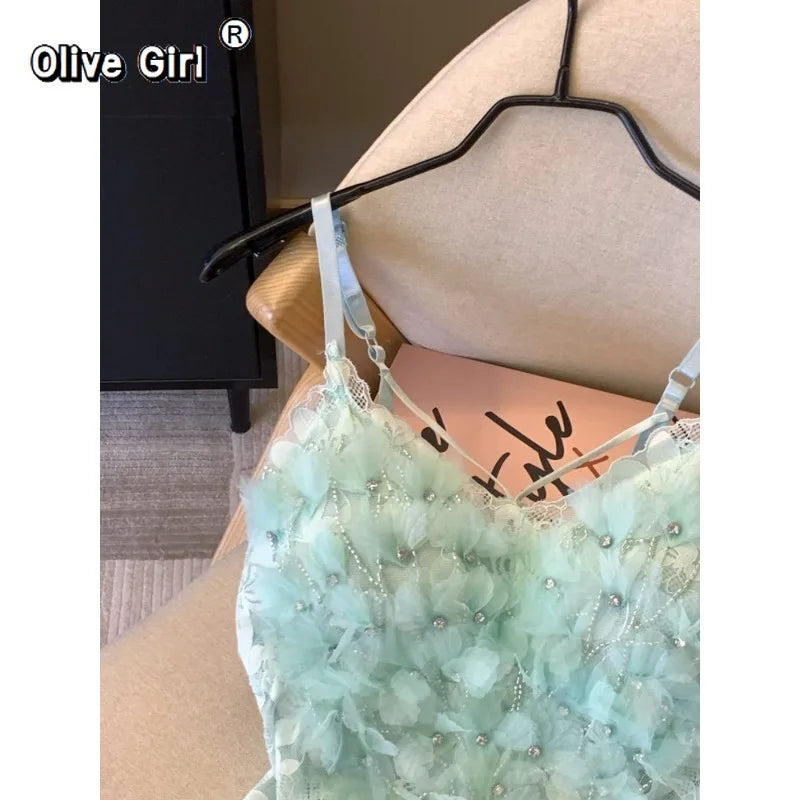 Olivegirl Women's Camis Strap Vest Mint Green Stamping Flower Lace 2026 Spring Summer Sweet Mesh Top with Chest Cushion Bra