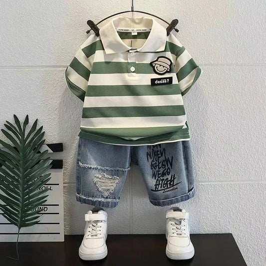 New Boutique Outfits Striped Turn-down Collar T-shirts Tops+Shorts 2PCS Korean Fashion Kids Golf Sport Clothing