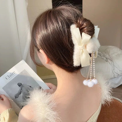 New Elegant Plush Hair Claw Plush Bow Tassel Temperament Girls Women Headdress Shark Clip Winter Accessories Hair Cute