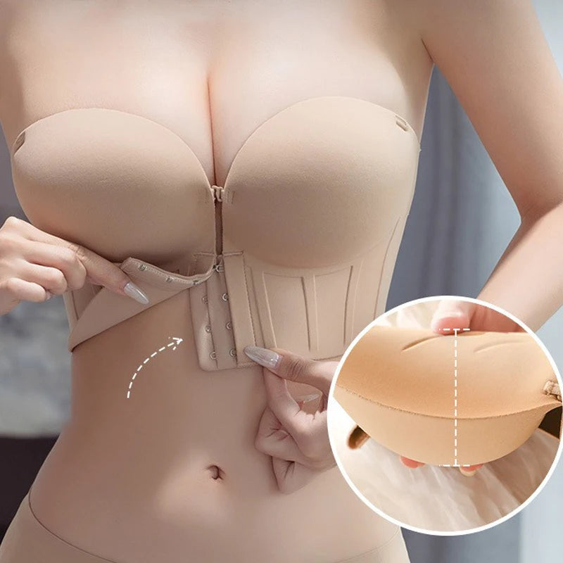 Women Sexy U-shaped Backless Front-closure Bra Ultra Hot Push-up Comfortable Non-slip Seamless Lingerie Top For Strapless Straps