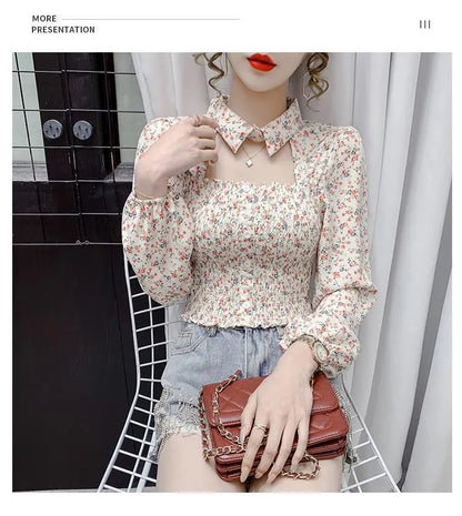 2025 Floral Chiffon Shirt New Spring Summer Women Collect Waist Hollow Out Tops Vintage Blouse Women Longsleeve Short Shirt 3XL