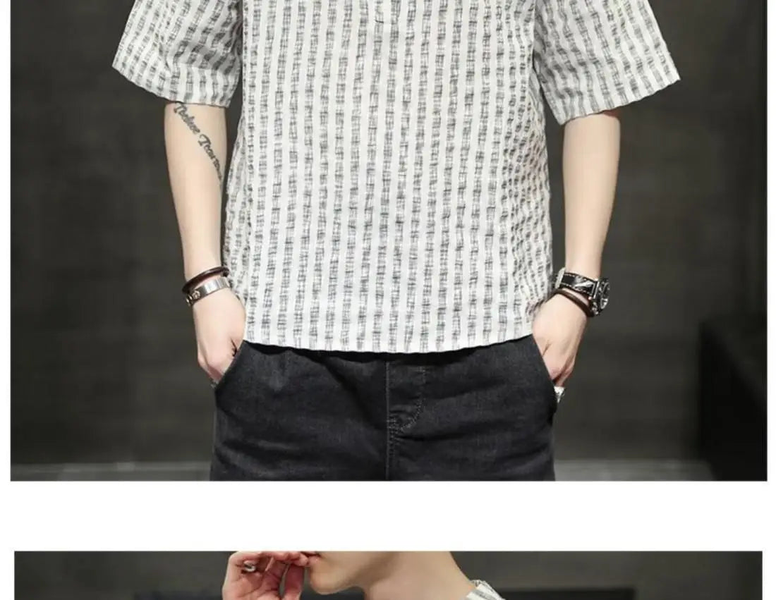 Men's Light Blue Denim Shirt Oversized Short Sleeve Button-Down Casual Top(Available)