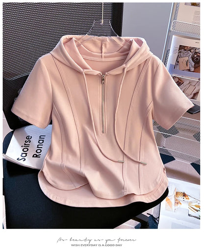 Summer New Women's Zipper Hoodie ort Sve T-irt Pure Cotton Slim Fit ort Fibone Top Korean Sle Commute Faion