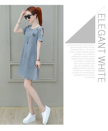 Short sleeved Denim Dress Summer Women's 2024 New College style Fashion Student Loose Dress With pockets Casual Clothing
